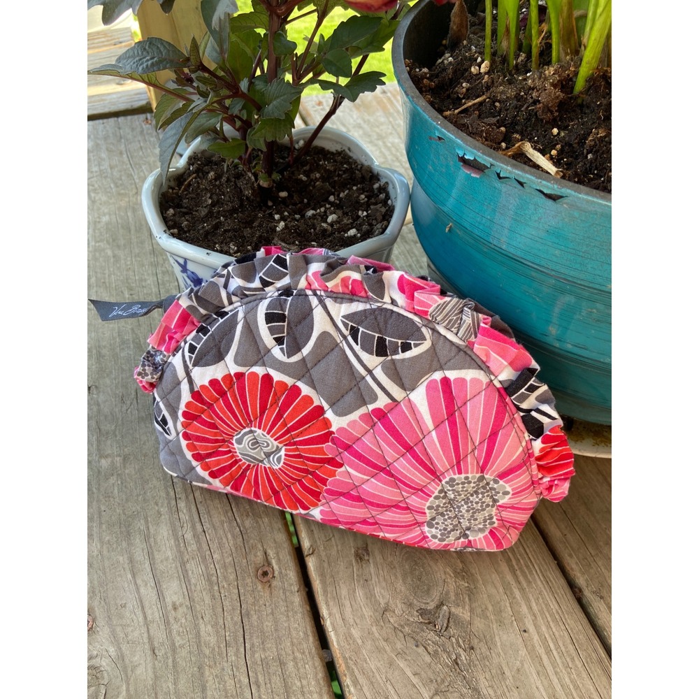Vera Bradley Rhythm and Blues Quilted Floral Cosmetic Bag Ruffle Pouch Pink Grey